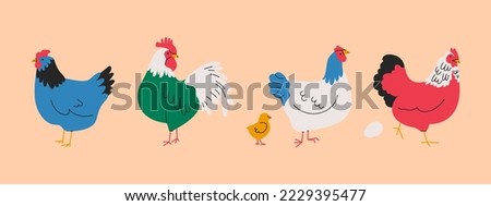 Cartoon chicken set. Domestic hen rooster egg, farm poultry animals organic eco food concept. Vector isolated collection Royalty-Free Stock Photo #2229395477
