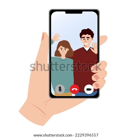  Young couple are having video call using the smartphone. Human hand hold device and connect online communication.Vector flat illustration.
