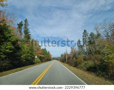 The view of a well cared for stretch of highway under a blue sky with clouds stretched over it. The empty two lane highway is surrounded by fall colored trees on either side. The leaves are bright.
