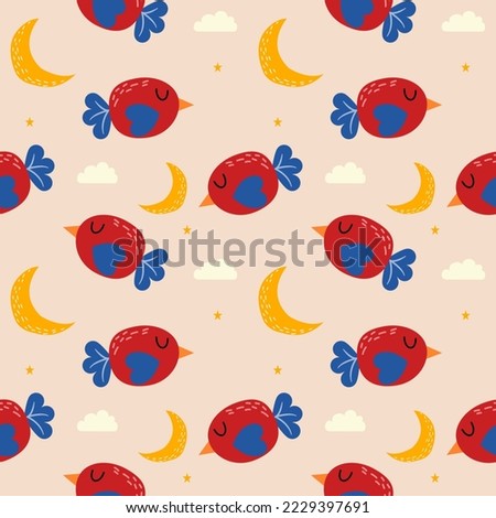 Bird red cartoon so cute.on moon star cloud background.seamless pattern vector illustration.
