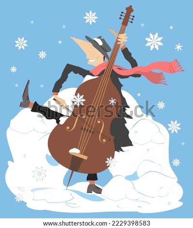 Winter. Snow. Cellist playing cello.
Winter concert. Snowflakes. Smiling cellist playing music with inspiration
