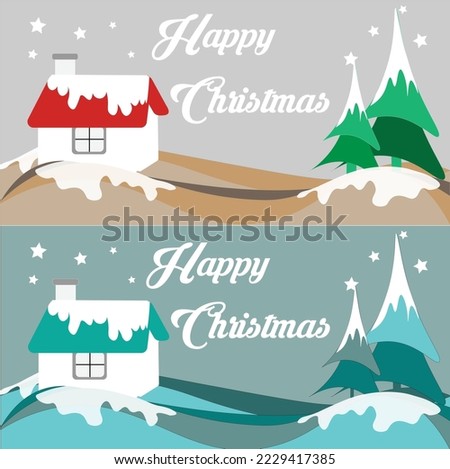 Happy Christmas Card Vector Design, Snow, House, Trees, Stars with Blue and Red, Greeting Card