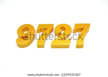  Number 9727 is made of gold-painted teak, 1 centimeter thick, placed on a white background to visualize it in 3D.                               