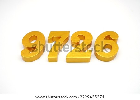 Number 9726 is made of gold-painted teak, 1 centimeter thick, placed on a white background to visualize it in 3D.                                