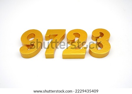  Number 9723 is made of gold-painted teak, 1 centimeter thick, placed on a white background to visualize it in 3D.                                