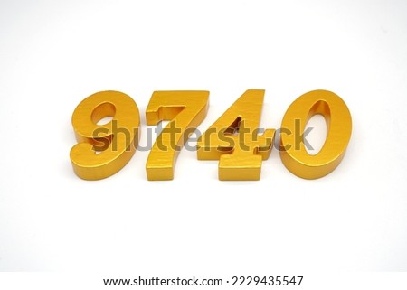   Number 9740 is made of gold-painted teak, 1 centimeter thick, placed on a white background to visualize it in 3D.                                