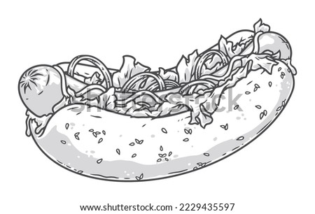 Hot dog vintage monochrome sticker appetizing sausage and mustard sandwich from fast food restaurant for unhealthy snack concept vector illustration