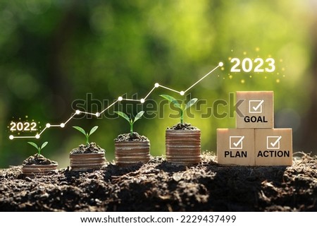 Seedlings are growing on the Coins stack compared to the year 2022-2023 and cubes with text plan, goal, and action. Concept of business growth, profit, and development to succeed in the year 2023.