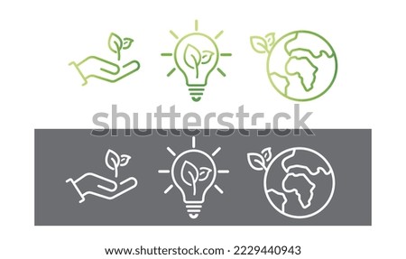 Green hand, planet and light bulb with two leaves.