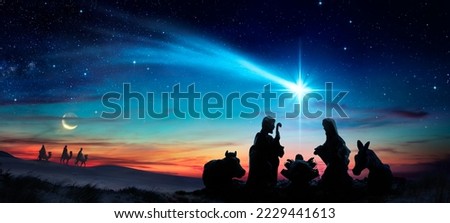 Nativity Of Jesus - Scene With Holy Family Under Comet Star