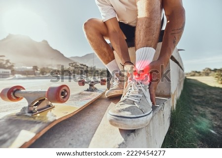 Skateboard man, injury and ankle pain, legs and outdoor accident, emergency or first aid risk with red glow at skatepark. Joint pain, bone health and wound fracture of skateboarder in sports accident