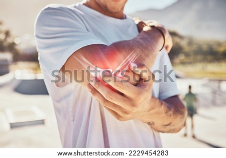 Man, joint pain and elbow arthritis in outdoor closeup in summer sunshine with massage arms. Broken arm, bone and guy at urban park in metro, city or town with physical therapy with hands in zoom Royalty-Free Stock Photo #2229454283