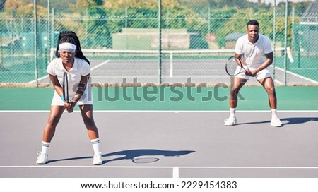 Tennis, sports and portrait of black couple on court for game, competition or match. Doubles partner, fitness and teamwork of tennis players, man and woman training for exercise outdoors on field.