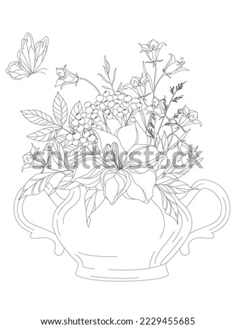 Wildflowers. A bouquet of flowers in a sugar bowl. Flowers with a black outline on a white background.