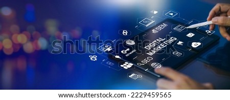 Digital marketing business technology banner web with copy space. Website adertisement email social media network, SEO, SEM video and mobile application icons in virtual screen. Royalty-Free Stock Photo #2229459565
