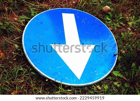 Road sign warrant driving straight lies damaged on the ground