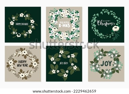 Vector set of Christmas greeting cards with Winter botanical and lettering