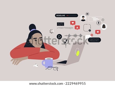 A young female Asian character ovewhelmed with online notifications, messages, calls, emails, social media reactions, and other digital activities
