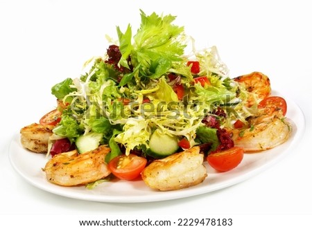 Mixed Salad with Tiger Prawns - Isolated on white Background