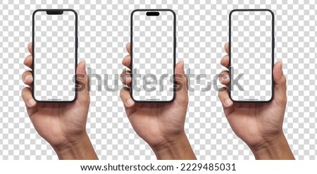 Hand holding smart phone Mockup  and screen Transparent and Clipping Path isolated for Infographic Business web site design app Royalty-Free Stock Photo #2229485031