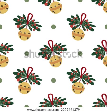 Lovely Christmas seamless pattern with golden sleigh bells, mistletoe, and berries.  Royalty-Free Stock Photo #2229491379
