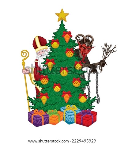 Vector illustration of Saint Nicholas and Krampus behind Christmas tree