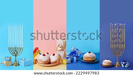 Collage with menorahs, dreidels and donuts for Hanukkah celebration on color background