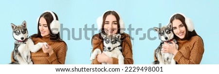 Set of cute woman with funny husky puppy on light blue background