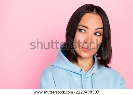 Close up photo of minded lady wear blue clothes interested suspiciously look empty space isolated on pink color background Royalty-Free Stock Photo #2229498507