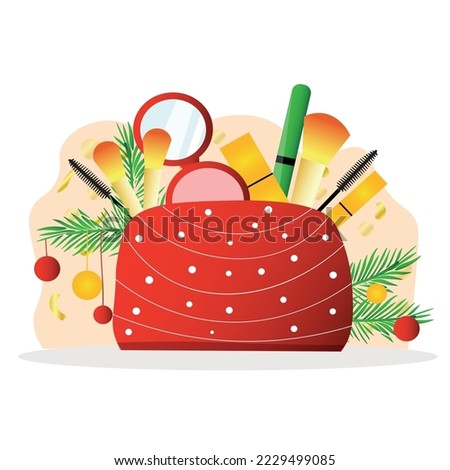 Christmas bag with makeup cosmetics and decor on white backgroun