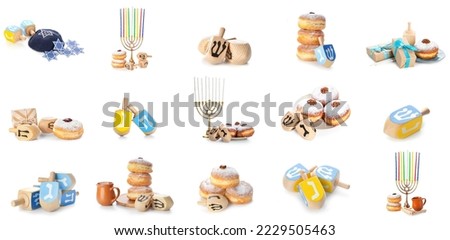 Set of menorahs with donuts and dreidels for Hanukkah isolated on white Royalty-Free Stock Photo #2229505463