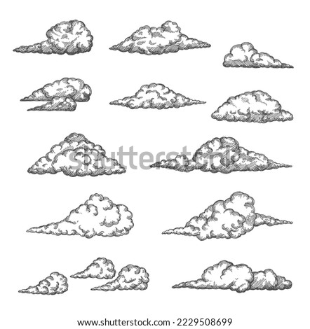 Cloud and cloudiness vintage sketches. Vector hand drawn sky of ancient engraved fluffy clouds, antique map elements. Cloudscape with etching texture of curved air streams, cloudy heaven Royalty-Free Stock Photo #2229508699