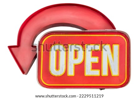 Vintage open sign with arrow and electric light isolated on a white background