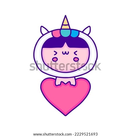 Sweet baby in unicorn costume with love symbol doodle art, illustration for t-shirt, sticker, or apparel merchandise. With modern pop and kawaii style.