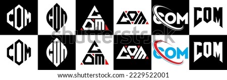 COM letter logo design in six style. COM polygon, circle, triangle, hexagon, flat and simple style with black and white color variation letter logo set in one artboard. COM minimalist and classic logo Royalty-Free Stock Photo #2229522001
