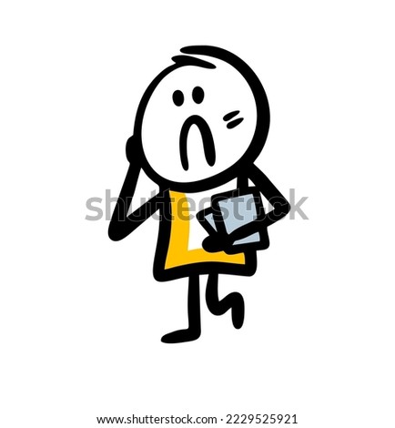 Unhappy student with sad face walking with books and hold the head in puzzlement. Vector illustration of young man got bad mark for test.