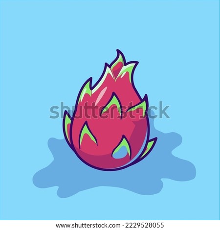Summer tropical fruit for healthy lifestyle. Red dragon fruit, whole fruit. Vector illustration of flat cartoon icon isolated on light blue.
