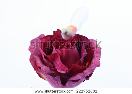 A fake bird and red textile rose flower