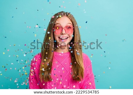 Photo of overjoyed lovely lady blogger rejoice million followers celebrating event development blog isolated on cyan color background
