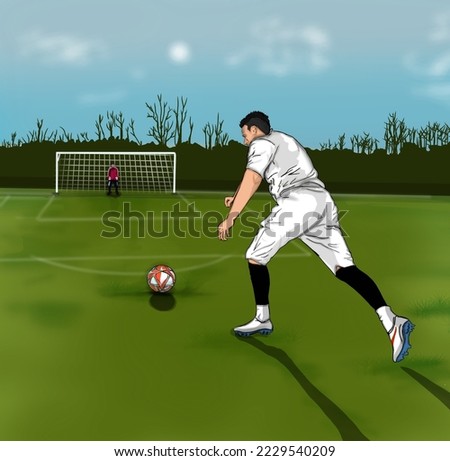 a footballer is taking a free kick at goal and the goalkeeper is getting ready to catch the ball to block it