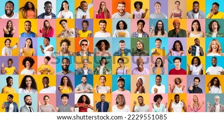 Creative collage with lot of smiling multicultural faces over colorful backgrounds, diverse happy multiethnic people of different age posing over bright backdrops, smiling and gesturing at camera Royalty-Free Stock Photo #2229551085