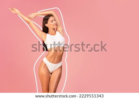 Weightloss Treatments. Beautiful Slim Lady In Underwear Posing With Hands Raised Up, Attractive Young Woman Demonstrating Her Perfect Body While Standing Over Pink Background In Studio, Collage