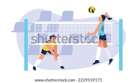Vector illustration of volleyball. Cartoon scene with girls playing volleyball in jump and wants to take hit on white background.