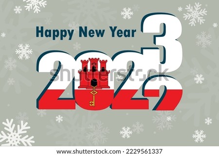New year's card 2023. An element of the flag of Gibraltar, a festive inscription and snowflakes are depicted. It can be used as a promotional poster, postcard, website, or national greeting.