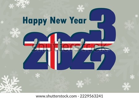 New year card 2023. Depicts an element of the Iceland flag, holiday lettering and snowflakes. It can be used as a promotional poster, postcard, website, or national greeting.