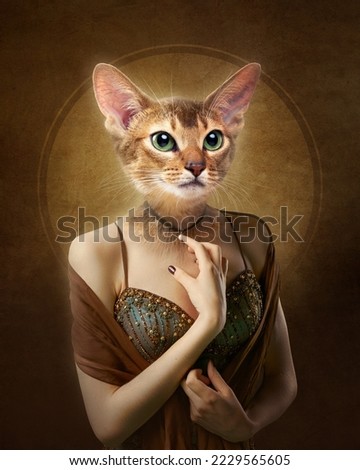A girl in an evening dress and jewelry with a cat's head. Fantastic image. Collage. Print for T-shirts. A painting for the wall. 