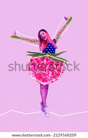 Collage creative photo poster young overjoyed ballerina woman flower body bloom hands healthy pms periods isolated on violet color background