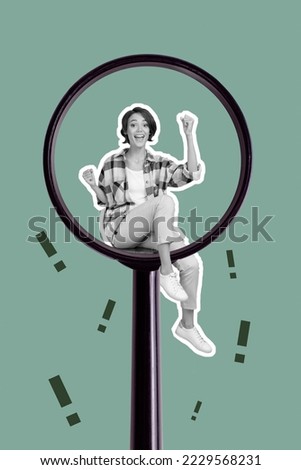 Creative photo collage artwork postcard poster of positive girl sitting big glass loupe rejoice isolated on painting background