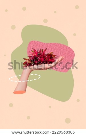Creative retro 3d magazine collage image of arms holding red summer flowers isolated painting background
