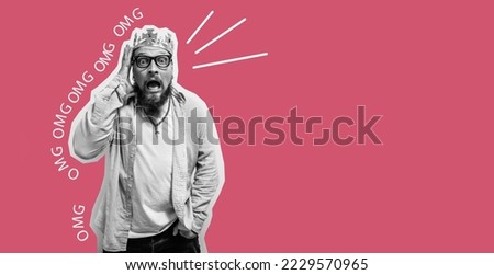 Crazy hipster guy emotions. Collage in magazine style with happy emotions. Flyer with trendy colors. Discount, sale, season sales. Colorful summer concept. Modern creative artwork, copyspace for ad.